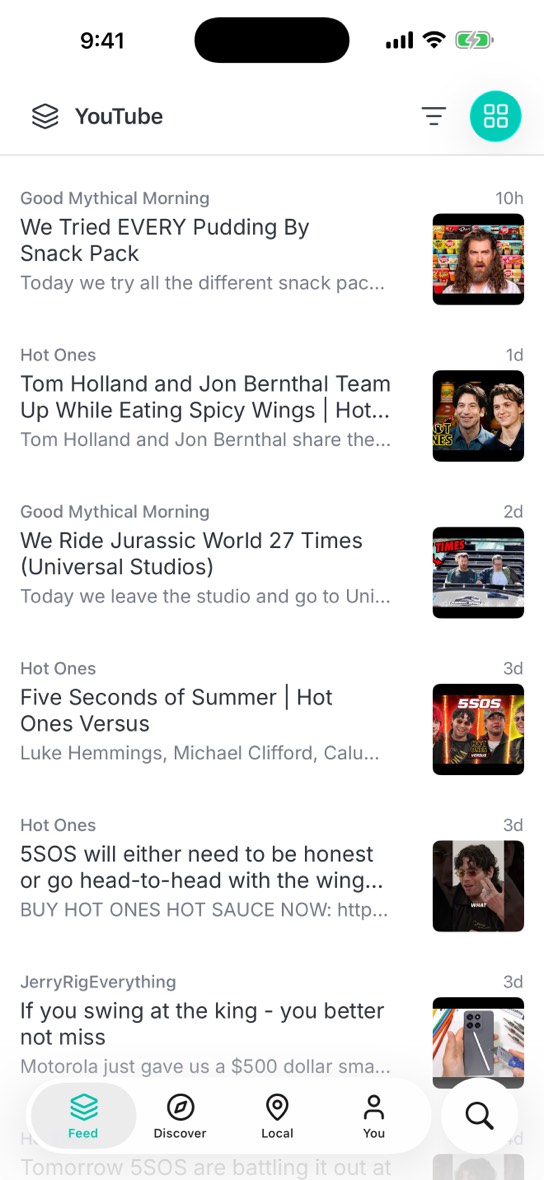 Zetfeed on iPhone, displaying a list of articles