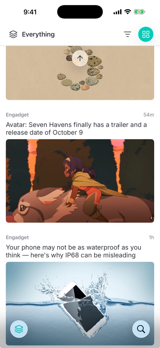 Zetfeed on iPhone, displaying a list of articles with large images